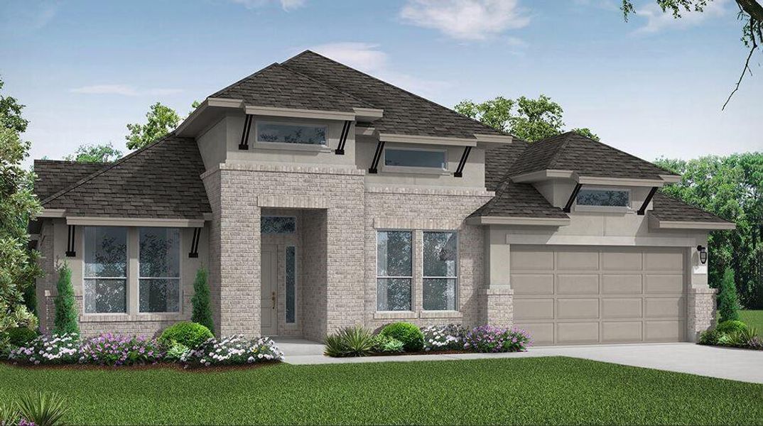 Front exterior of a new home in The Highlands, Porter, TX, highlighting curb appeal (Image 1). Front exterior of a new home in The Highlands, Porter, TX, highlighting curb appeal (Image 1).