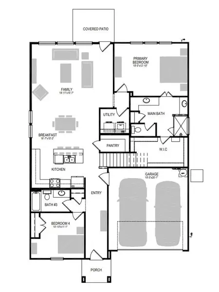 An intuitive residential layout features an open main floor flow with a dual-car garage.