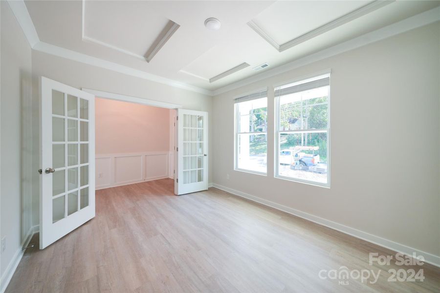 Flex Room features 4-Square Micro Tray Ceiling perfect for a home office