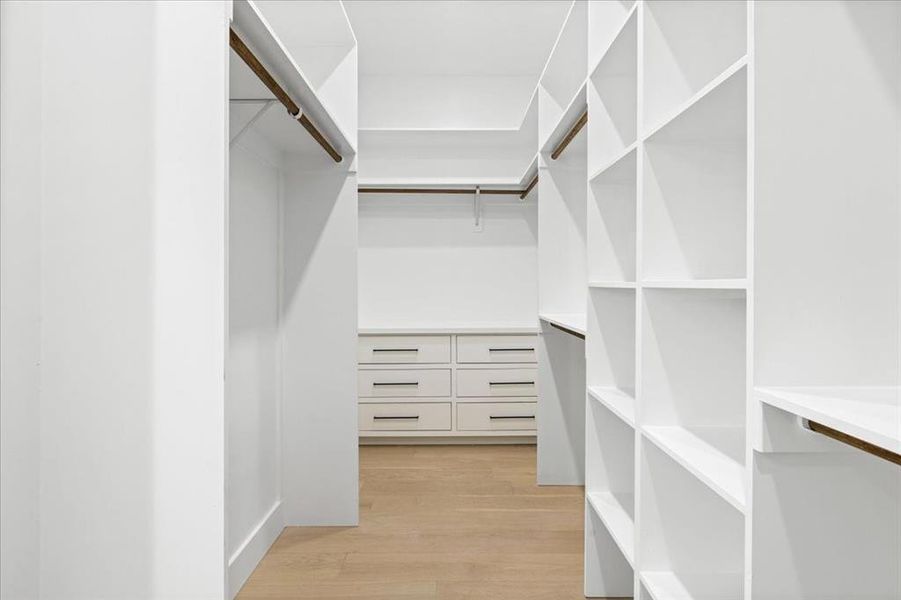 Spacious closet featuring light wood-type flooring