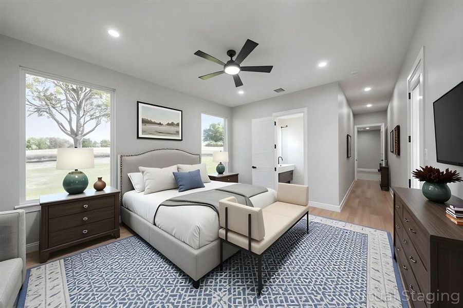 Bedroom featuring light wood-type flooring, multiple windows, recessed lighting, baseboards, and ceiling fan Bedroom featuring light wood-type flooring, multiple windows, recessed lighting, baseboards, and ceiling fan