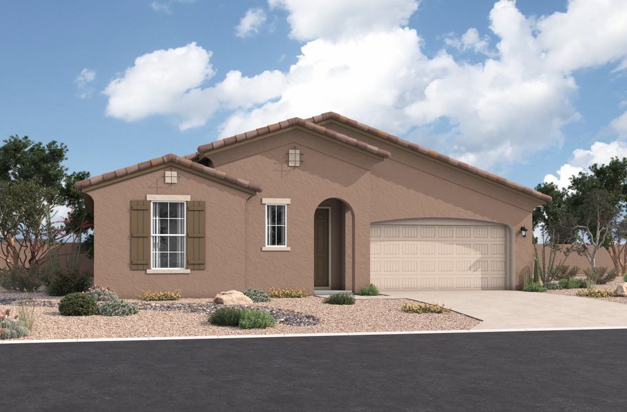 Representative exterior photo of a completed home built from the Irwin by Beazer Homes in Tirreno at IronWing: Tirreno, Litchfield Park, AZ (Image 8).