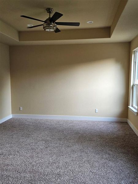 Carpeted spare room featuring ceiling fan and a raised ceiling