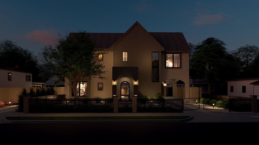 View of front of house with a fenced front yard, a gate, stucco siding, and a shingled roof