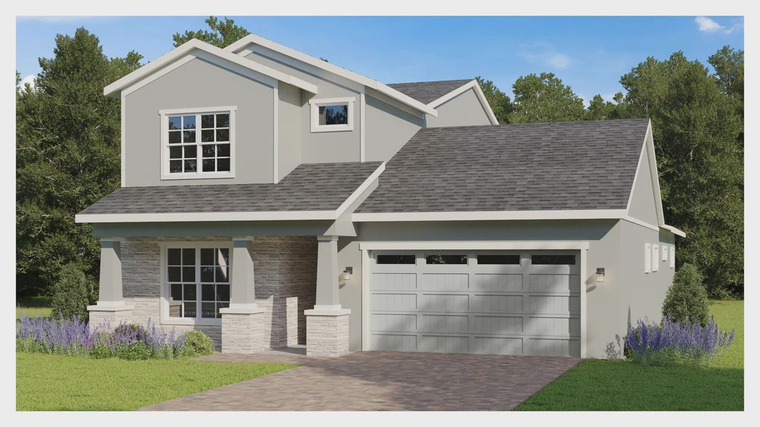 Representative exterior photo of a completed home built from the Lantana II by Jones Homes USA in Reserve at Twin Lakes, St. Cloud, FL (Image 4). Representative exterior photo of a completed home built from the Lantana II by Jones Homes USA in Reserve at Twin Lakes, St. Cloud, FL (Image 4).