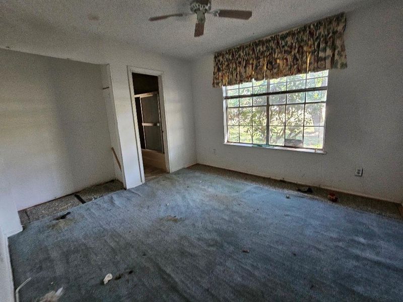 Unfurnished bedroom featuring carpet flooring, a textured ceiling, and a ceiling fan Unfurnished bedroom featuring carpet flooring, a textured ceiling, and a ceiling fan