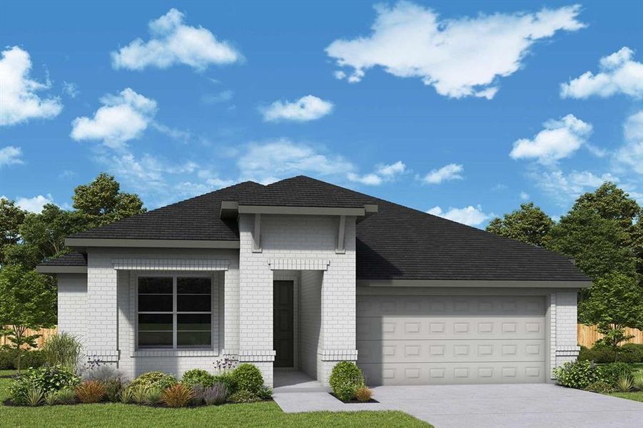 View of front of property featuring an attached garage, driveway, and brick siding View of front of property featuring an attached garage, driveway, and brick siding