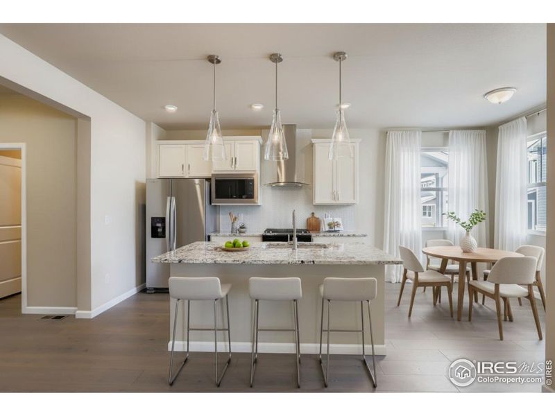 Chef's kitchen with slide-in garage range and vented hood.