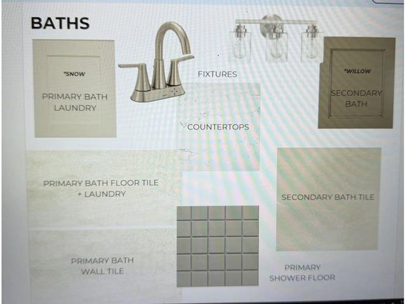 Interior Design Specification, Bathrooms. Illustrating material and fixture selections for primary and secondary bathrooms, including tile, countertops, and fixtures