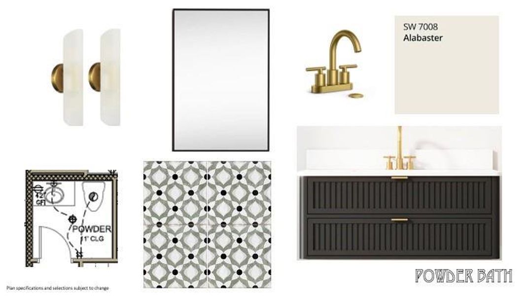 Powder bath features imported Italian tile floor, floating vanity and elegant sconces.