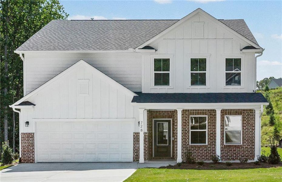Front exterior of a new home in Watermist at Mirror Lake, Villa Rica, GA, highlighting curb appeal (Image 1). Front exterior of a new home in Watermist at Mirror Lake, Villa Rica, GA, highlighting curb appeal (Image 1).