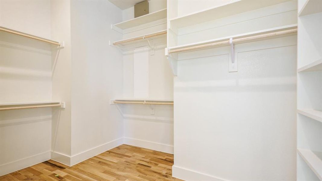 Walk in closet with wood-type flooring