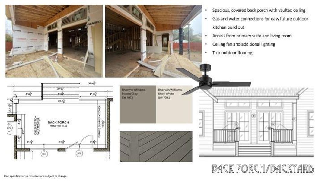 Spacious (over 20’x11’) back porch with high sloped ceiling features fan, gas and water connections for easy future outdoor kitchen build out, Trex outdoor flooring and steps to backyard.