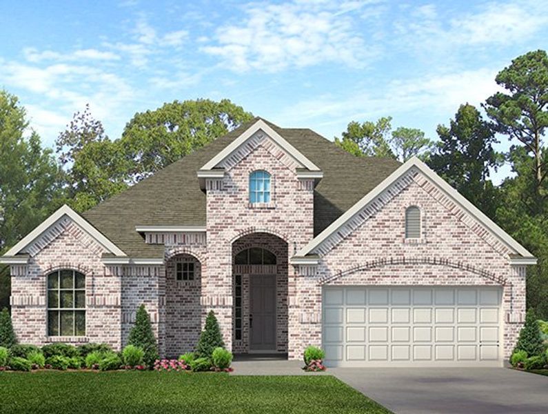 Front exterior of a new home in The Highlands, Porter, TX, highlighting curb appeal (Image 1). Front exterior of a new home in The Highlands, Porter, TX, highlighting curb appeal (Image 1).