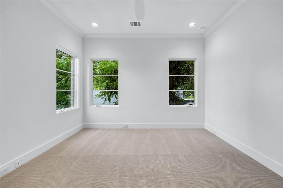 Carpeted spare room featuring crown molding