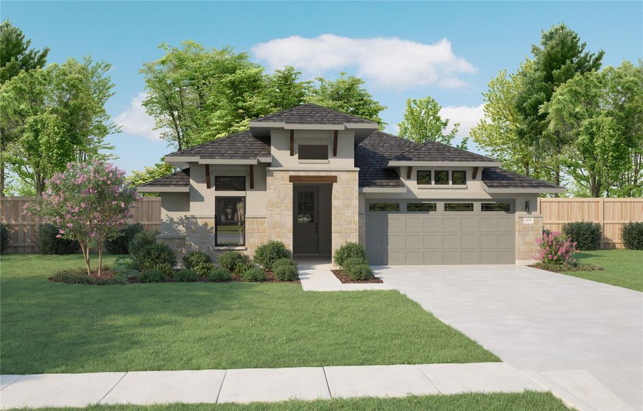 Prairie-style house featuring a front lawn, an attached garage, and stucco siding