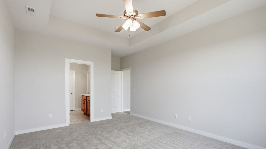 Primary bedroom with elevated features such as tray ceilings and connected bathroom with walk-in closet