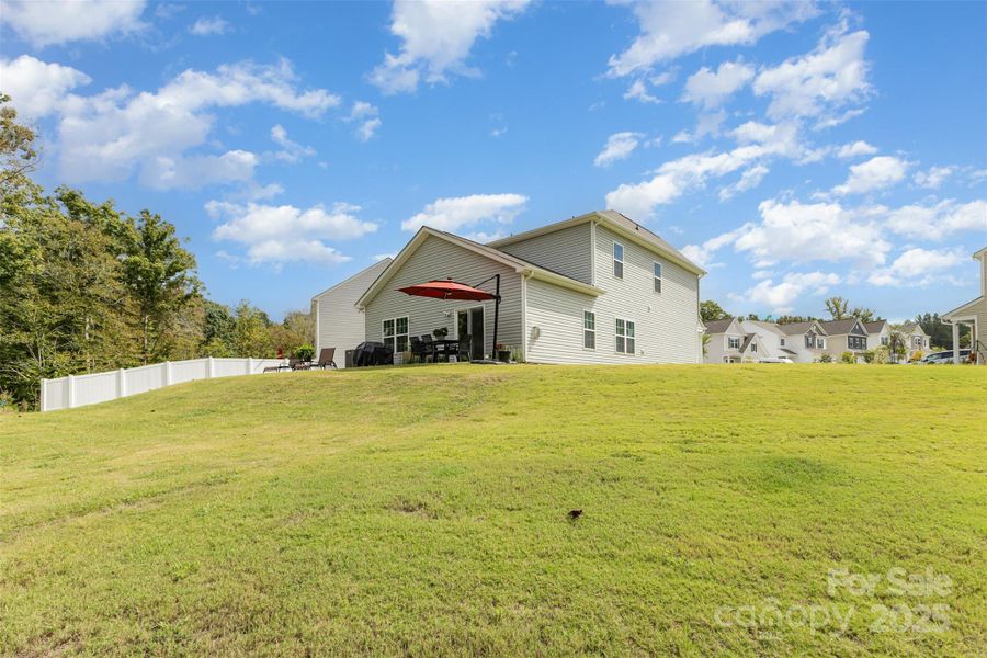 Large back yard with trees in the background