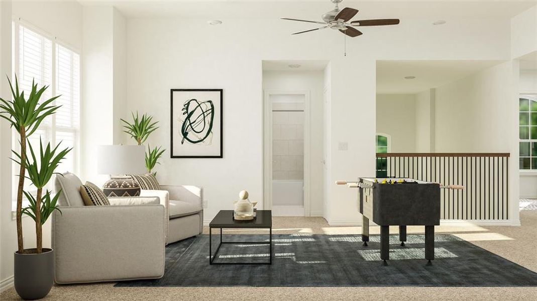 Living room featuring carpet and ceiling fan Living room featuring carpet and ceiling fan