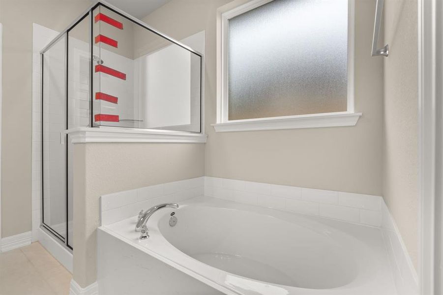 This additional view of your primary bathroom features tile flooring, fresh paint, walk-in shower, a separate garden tub, and a large walk-in closet.