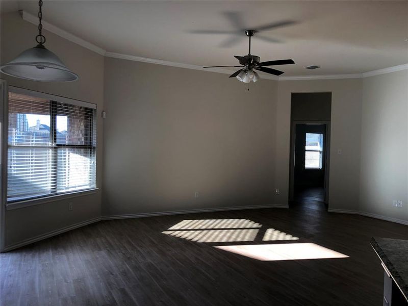 Unfurnished room with crown molding, ceiling fan, and dark wood-type flooring