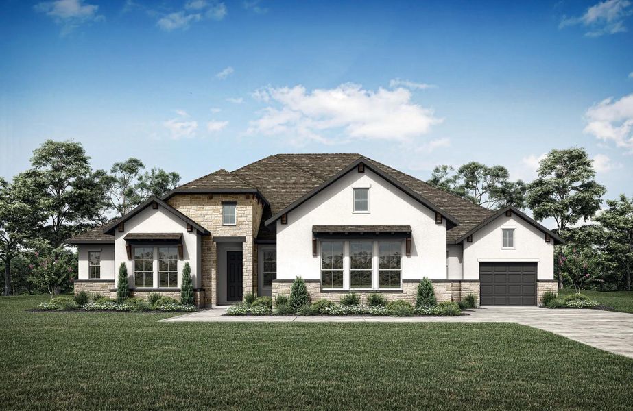 View of front of home with stucco siding, stone siding, concrete driveway, a front lawn, and a garage View of front of home with stucco siding, stone siding, concrete driveway, a front lawn, and a garage