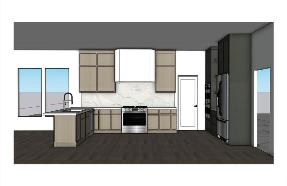 Kitchen featuring stainless steel appliances, dark countertops, a peninsula, backsplash, and light brown cabinets