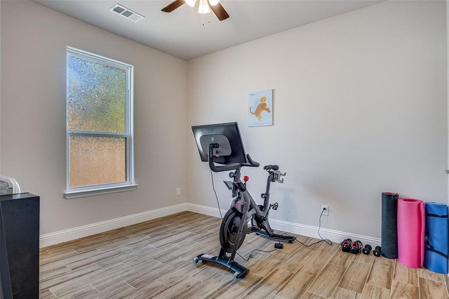 Workout room with wood tiled floors and ceiling fan