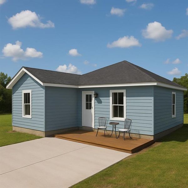 Back of house with a wooden deck and a lawn Back of house with a wooden deck and a lawn