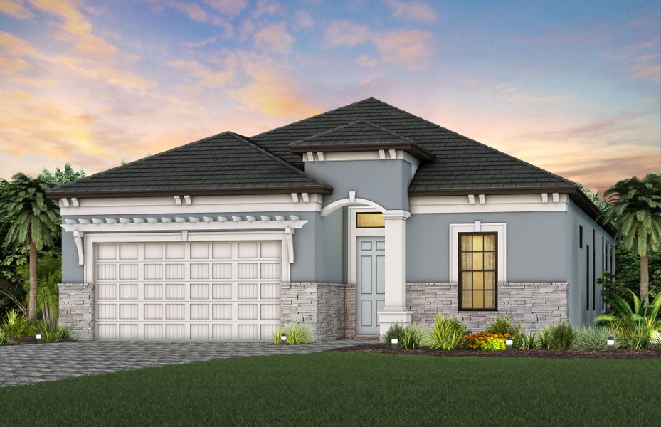 Front exterior of a new home in The Reserve at Eastpointe, Palm Beach Gardens, FL, highlighting curb appeal (Image 19).