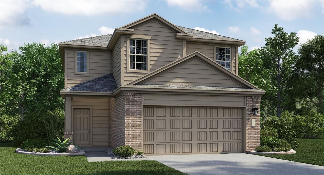 Front exterior of a new home in Woodfield Preserve: Ridgepointe Collection, Georgetown, TX, highlighting curb appeal (Image 1). Front exterior of a new home in Woodfield Preserve: Ridgepointe Collection, Georgetown, TX, highlighting curb appeal (Image 1).