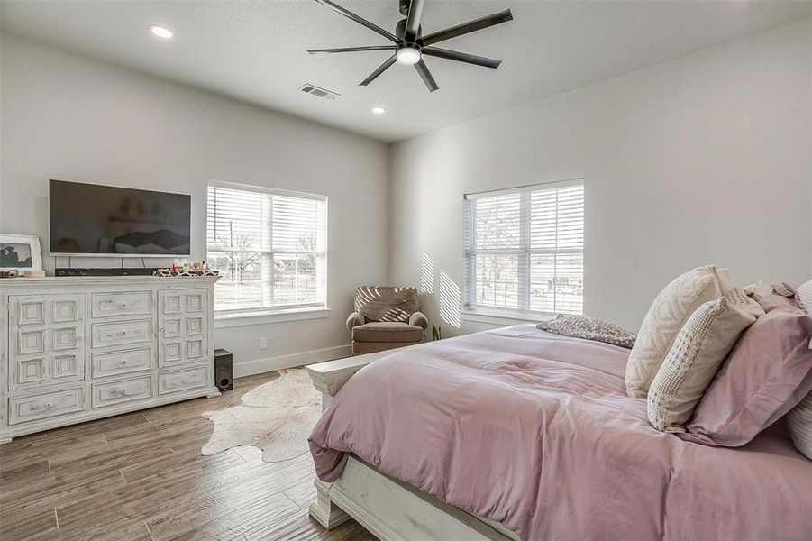 Bedroom featuring multiple windows and ceiling fan