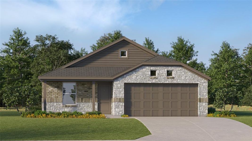 View of front of home with a garage and a front yard