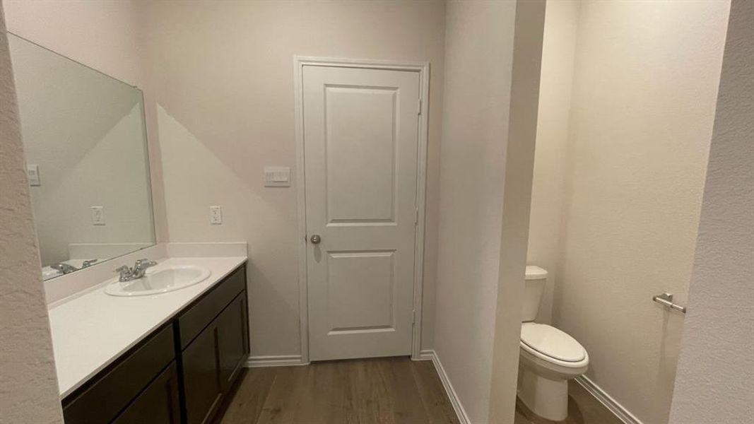 Bathroom featuring a vanity with an integrated sink, a large mirror, dark wood-finish cabinetry, and wood-finish flooring Bathroom featuring a vanity with an integrated sink, a large mirror, dark wood-finish cabinetry, and wood-finish flooring