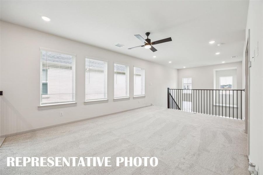 Light, bright and spacious, your new game room, paired with adjacent media room, is the perfect place to host those big game day parties!  REPRESENTATIVE PHOTO