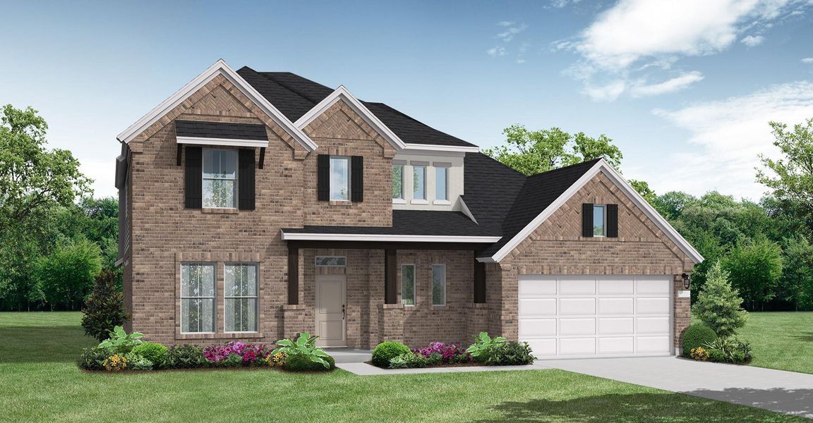Front exterior of a new home in Arabella on the Prairie, Richmond, TX, highlighting curb appeal (Image 1). Front exterior of a new home in Arabella on the Prairie, Richmond, TX, highlighting curb appeal (Image 1).