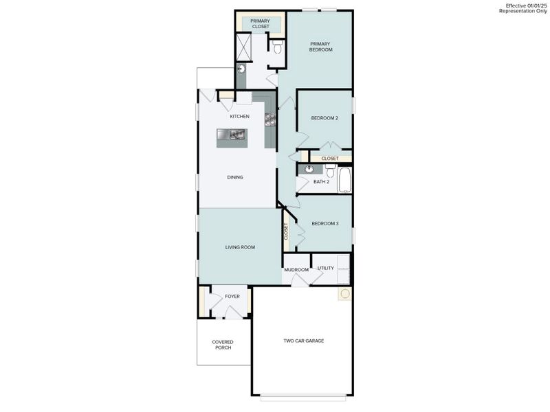2D floor plan layout for the Hymeadow 1450 by Brohn Homes in Hymeadow, Maxwell, TX (Image 1).