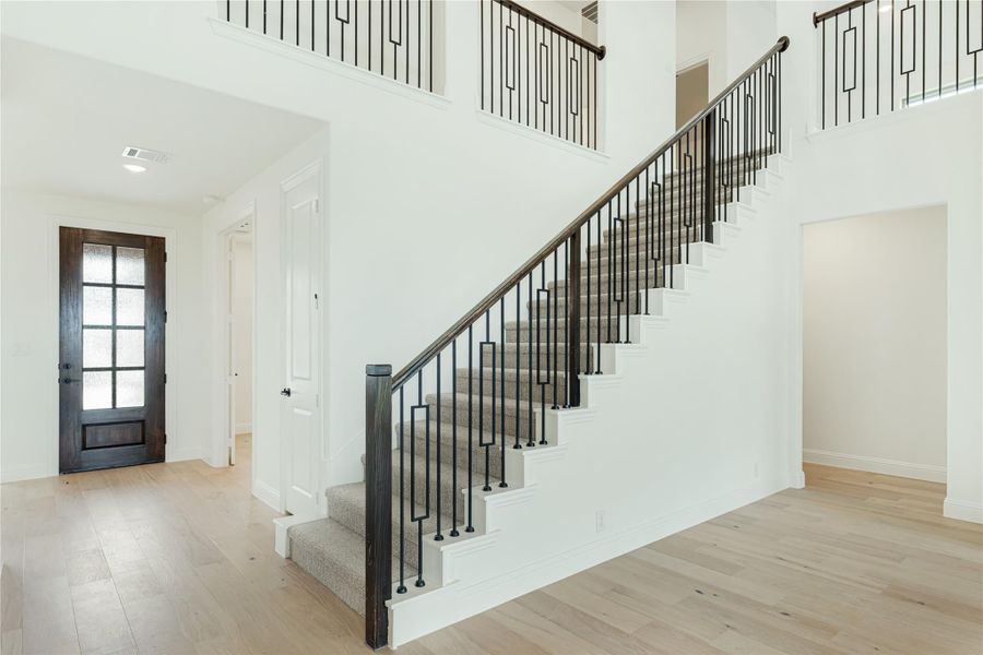 Two-story entryway with carpeted staircase, black iron balusters, and light hardwood floors near a dark wood front door.