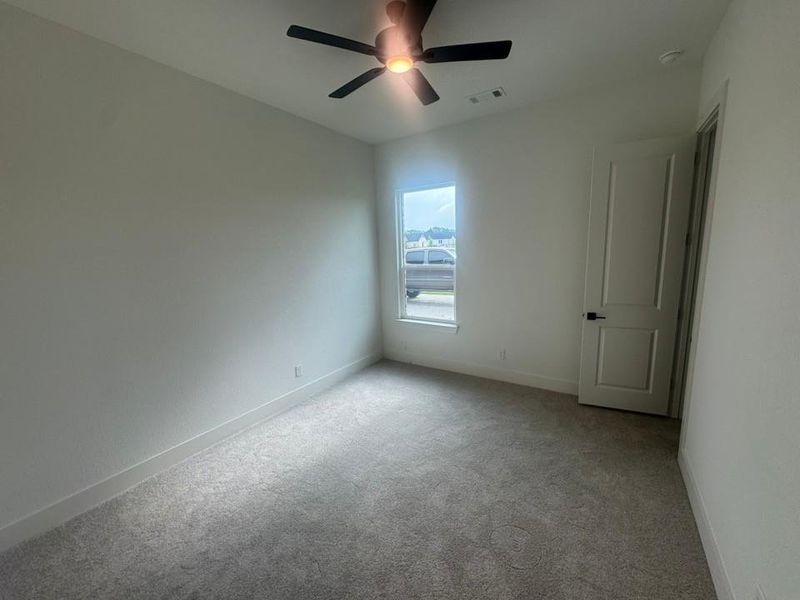 Carpeted room featuring a ceiling fan with light fixture, a single window, and a paneled door with matte black hardware