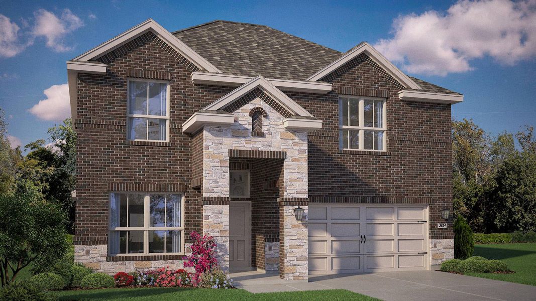 Front exterior of a new home in Parkerville Meadows, DeSoto, TX, highlighting curb appeal (Image 1). Front exterior of a new home in Parkerville Meadows, DeSoto, TX, highlighting curb appeal (Image 1).