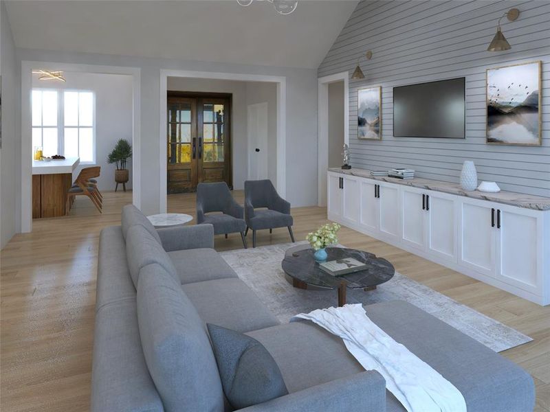 Great room with view of the entrance and dining area