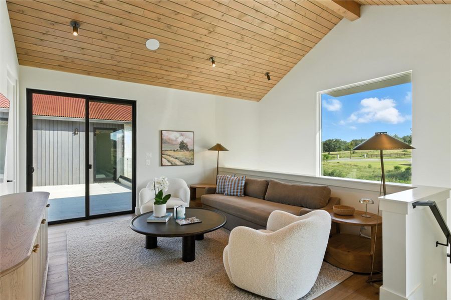 Living room featuring wood finished floors, lofted ceiling, and wood ceiling
