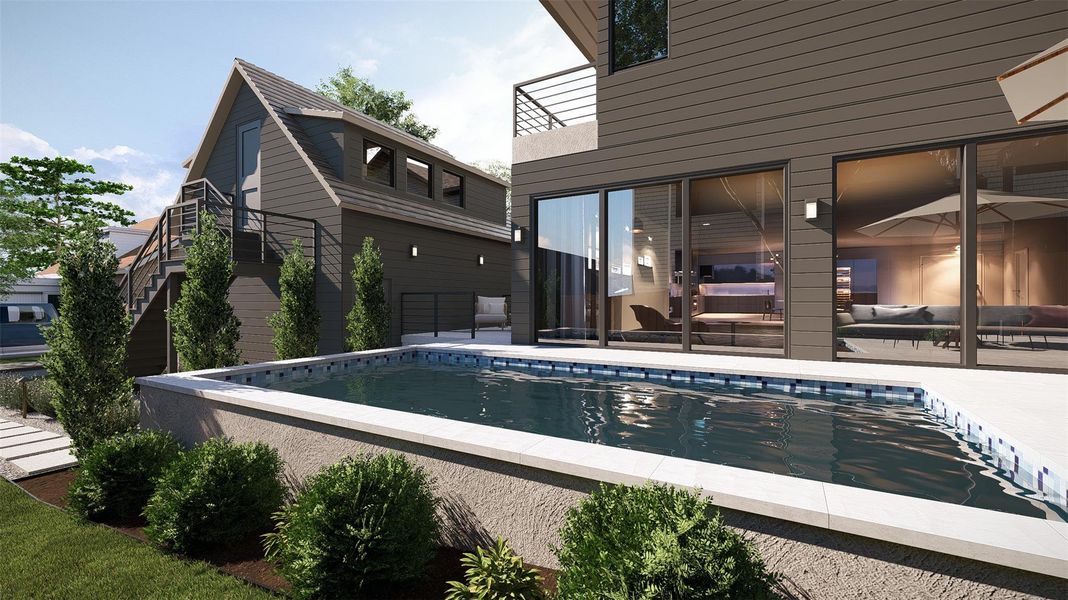 An inviting swimming pool highlights the modern exterior architecture of this contemporary backyard retreat. An inviting swimming pool highlights the modern exterior architecture of this contemporary backyard retreat.