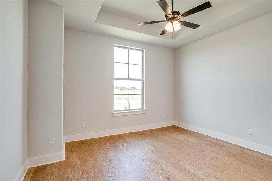 Spare room featuring ceiling fan and light hardwood / wood-style flooring