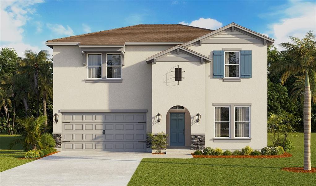 Front exterior of a new home in Summerlin at Hawthorne Ranch, Lakeland, FL, highlighting curb appeal (Image 1).