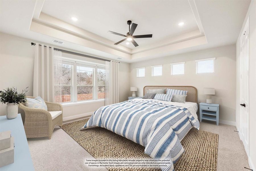 Bedroom with tray ceiling, ceiling fan, large windows, and carpeted floor with woven area rug Bedroom with tray ceiling, ceiling fan, large windows, and carpeted floor with woven area rug