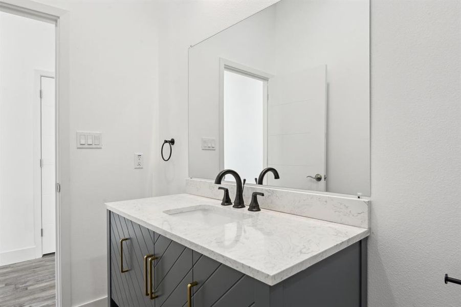 Bathroom with wood finished floors and vanity