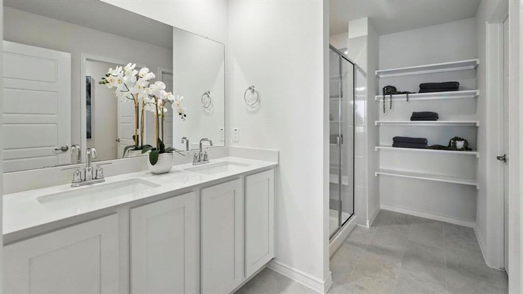 Full bath featuring a stall shower and double vanity