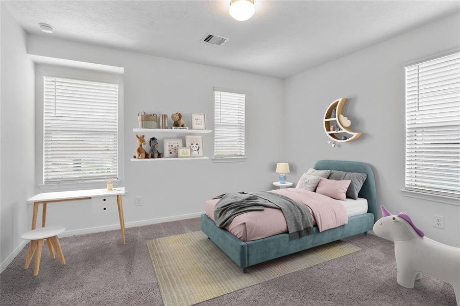 Secondary bedroom features plush carpet, custom paint and a large window.