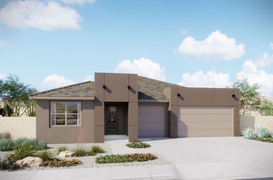 Front exterior of a new home in Tavira at Twin Peaks, Marana, AZ, highlighting curb appeal (Image 1).